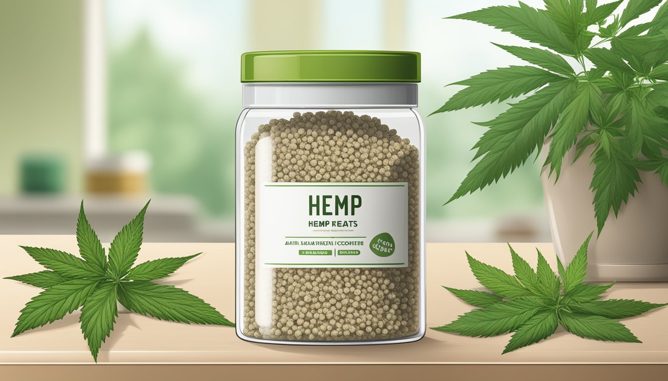 A clear, airtight container of hemp hearts sits on a kitchen countertop next to a pile of fresh hemp leaves