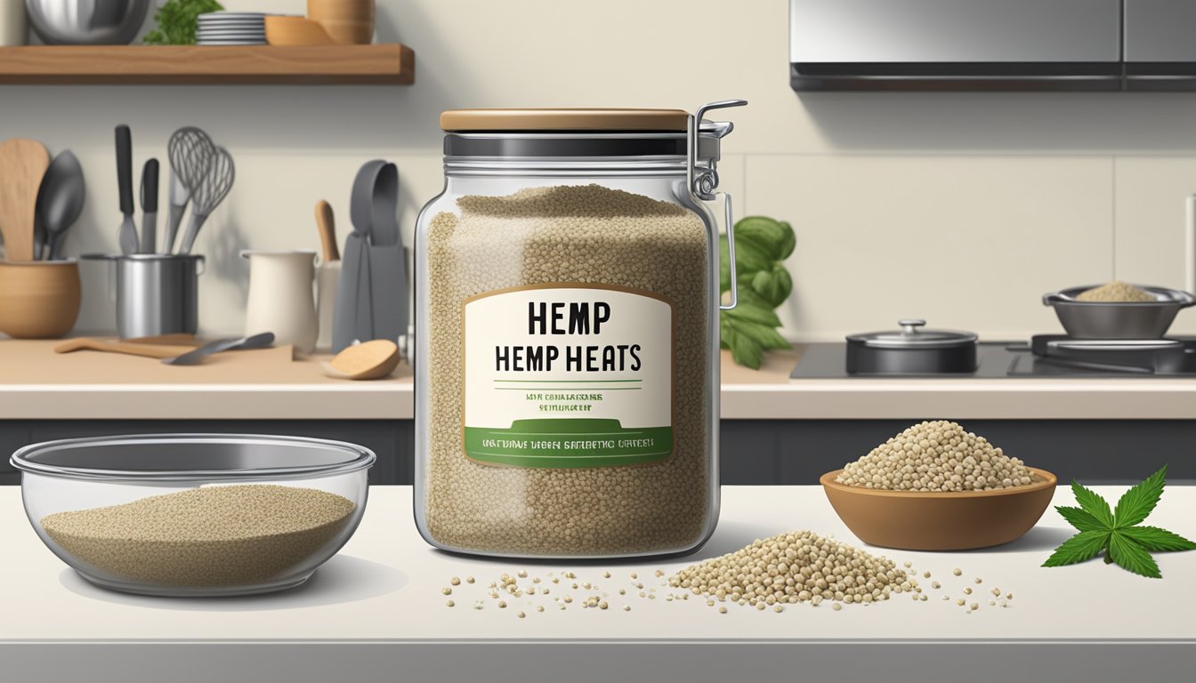 A jar of hemp hearts sits on a kitchen counter, surrounded by various cooking ingredients and utensils. The jar is open, with a few hemp hearts spilled out onto the counter