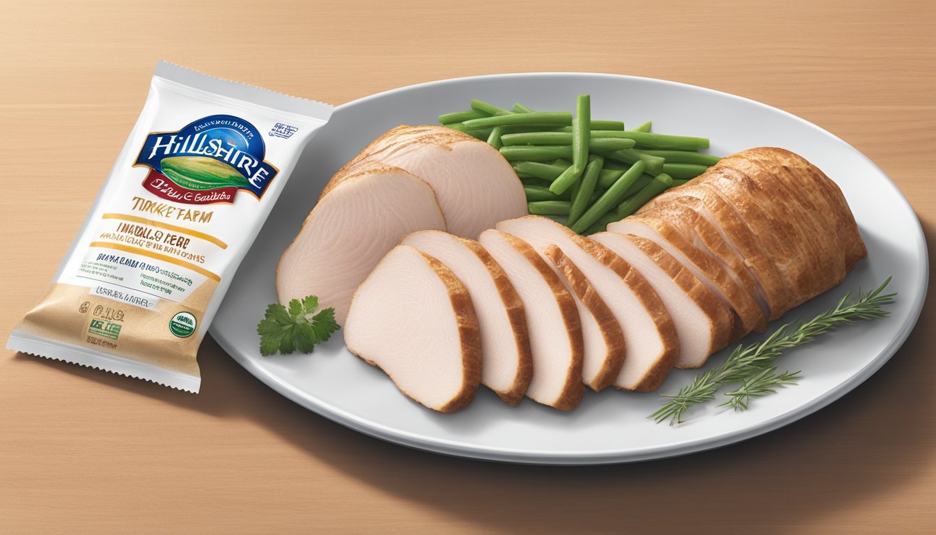 A package of Hillshire Farm Ultra Thin Sliced Turkey Breast sits open on a kitchen counter, with a few slices arranged on a plate. The meat appears discolored and has a slightly unpleasant odor