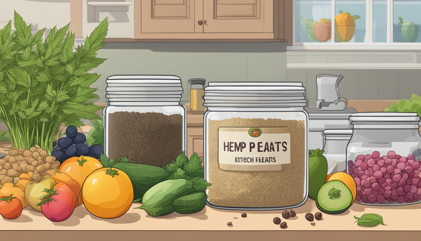 A glass jar of hemp hearts sits on a kitchen counter, surrounded by colorful fruits and vegetables. The jar is labeled with the expiration date