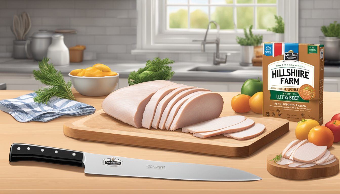 A kitchen counter with a package of Hillshire Farm Ultra Thin Sliced Turkey Breast, a cutting board, and a knife