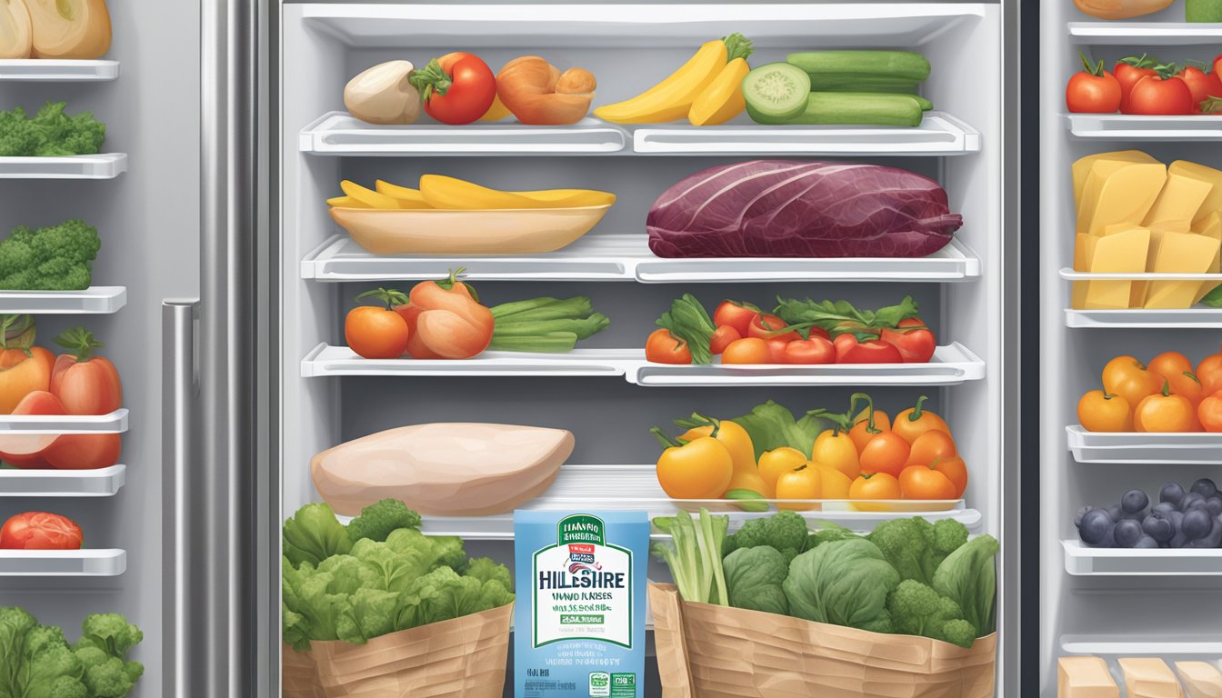 A refrigerator stocked with fresh produce and a package of Hillshire Farm Ultra Thin Sliced Turkey, with a clear expiration date visible on the packaging