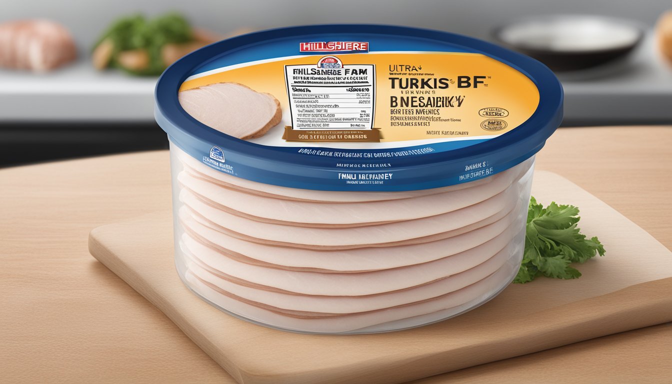 A package of Hillshire Farm Ultra Thin Sliced Turkey Breast sitting in a refrigerator, with a clear expiration date visible on the label