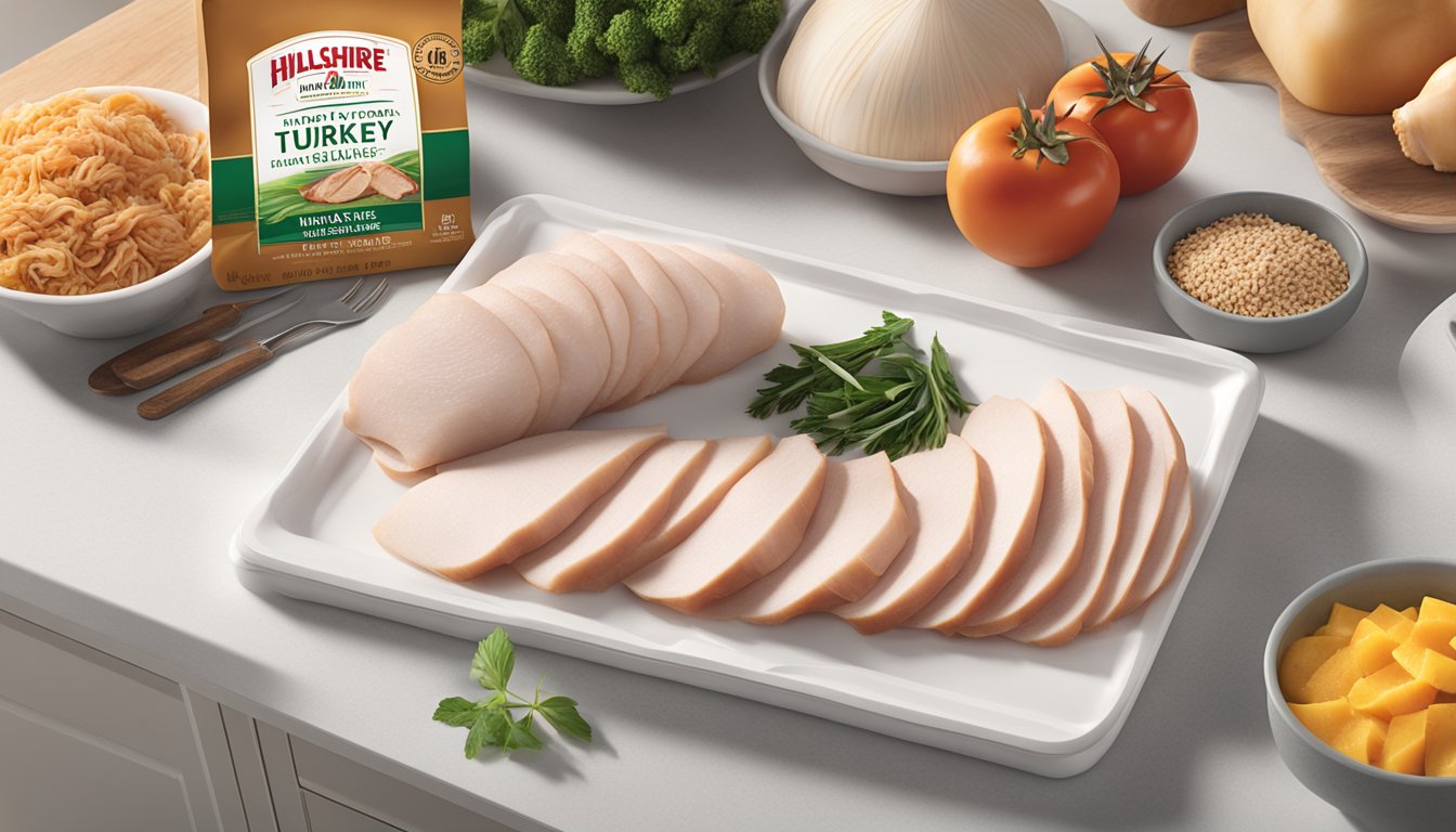 A package of Hillshire Farm Ultra Thin Sliced Turkey Breast sits unopened on a clean, organized kitchen counter, surrounded by other Hillshire Farm products