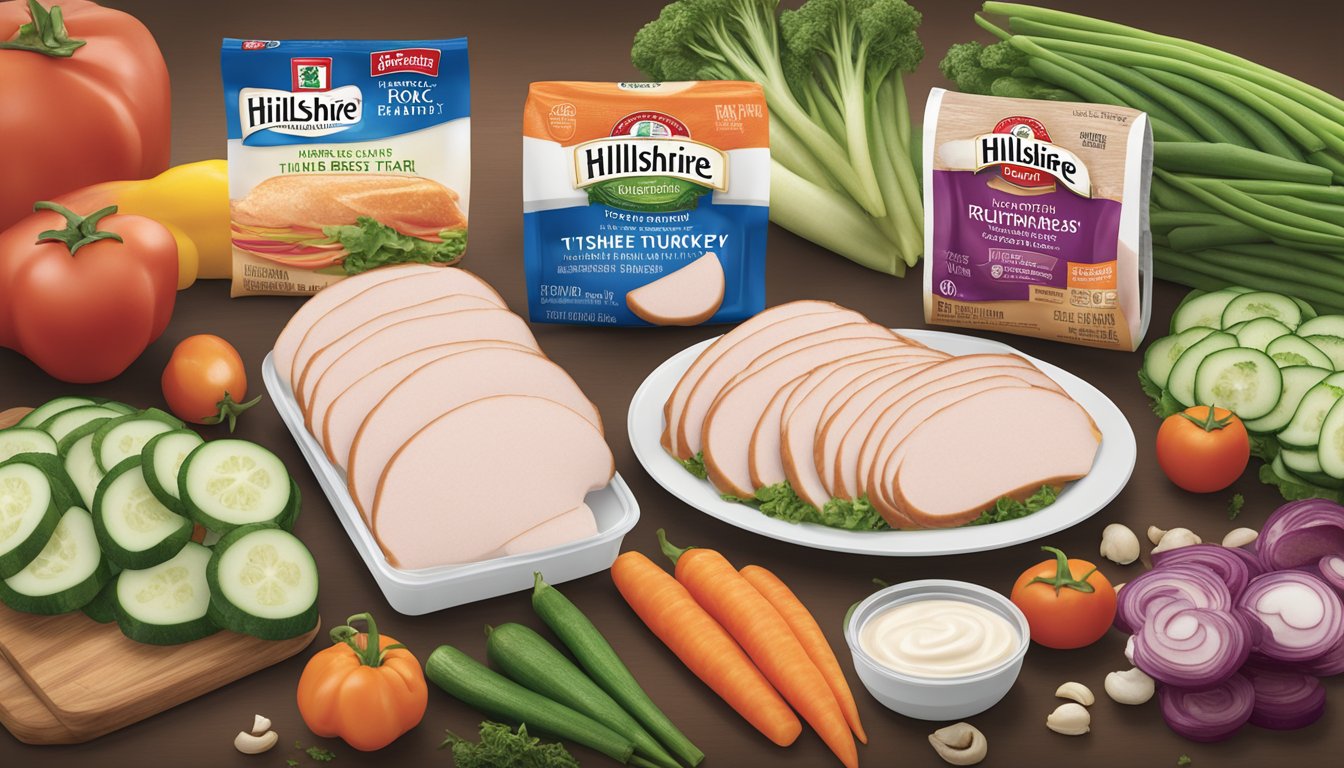 A package of Hillshire Farm Ultra Thin Sliced Turkey Breast sits in a refrigerator, surrounded by fresh vegetables and a variety of condiments