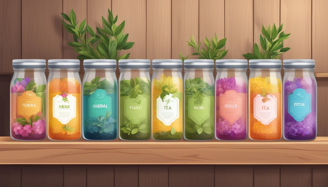 A collection of various herbal tea blends stored in glass jars with colorful labels, placed on a wooden shelf in a cozy kitchen