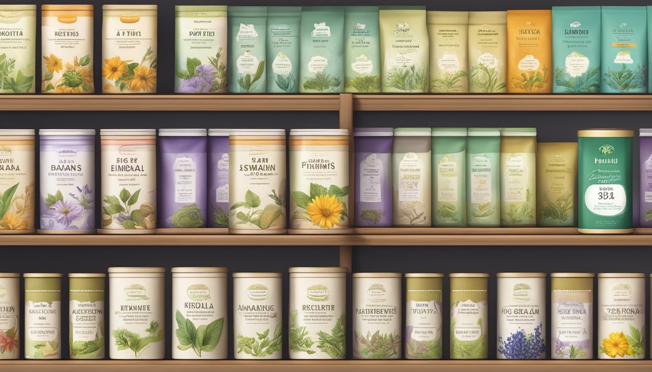 A variety of herbal tea blends arranged on a shelf, with different packaging and labels indicating different expiration dates