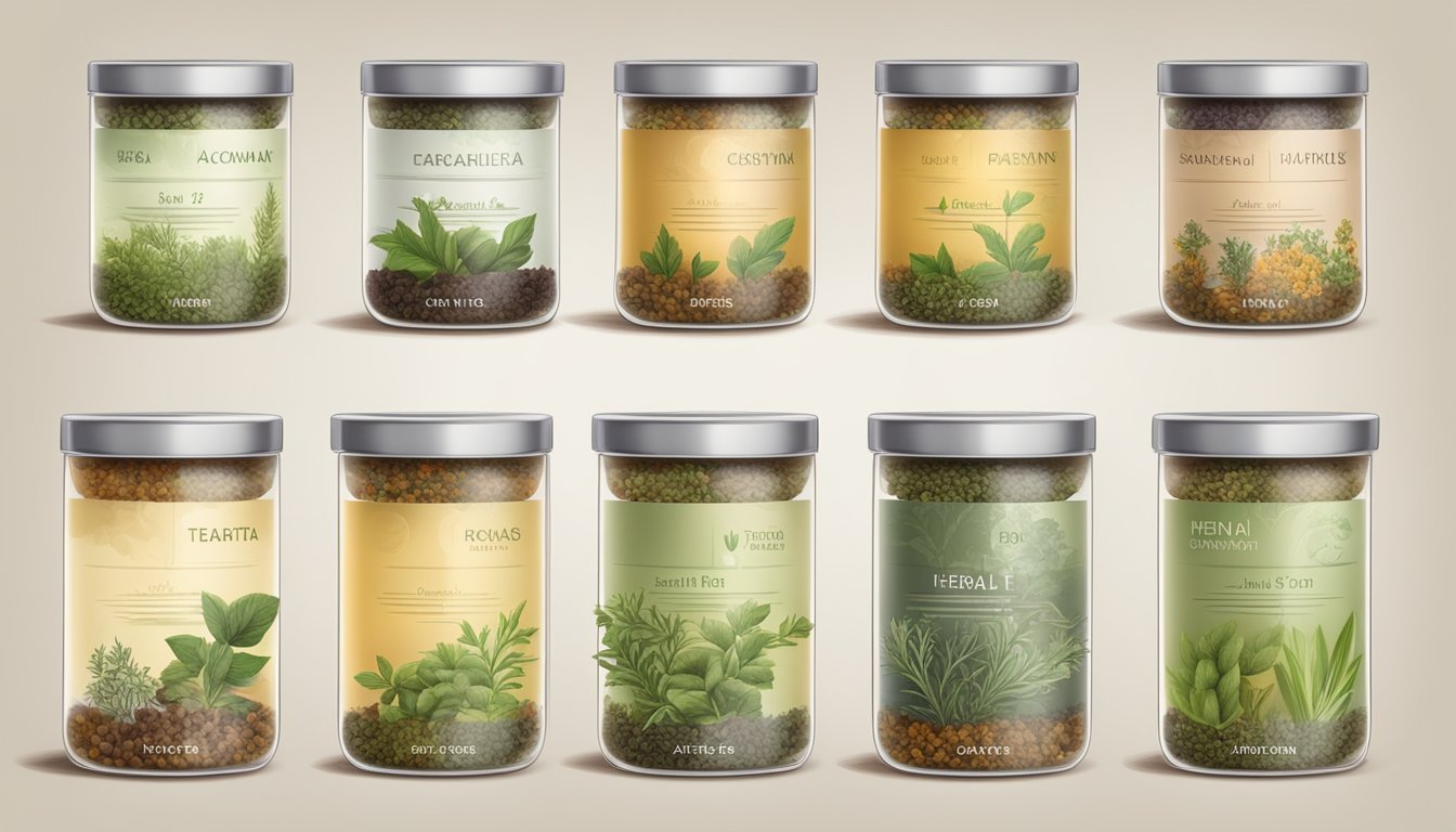 A collection of various herbal tea blends stored in airtight containers, with labels indicating the date of purchase and a subtle aroma of fresh herbs