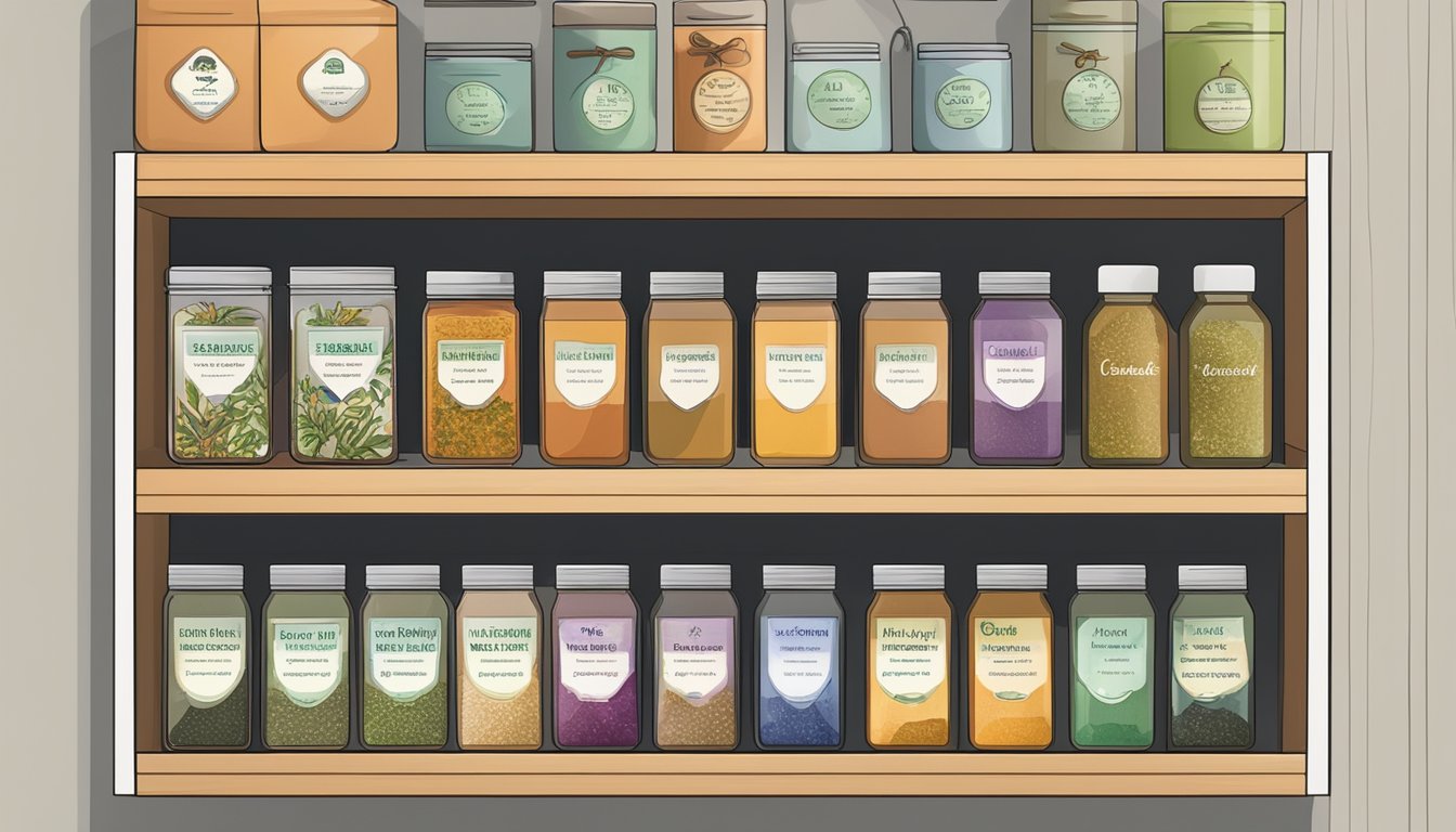 Various herbal tea blends stored in airtight containers on a shelf, with labeled expiration dates and a thermometer to monitor temperature