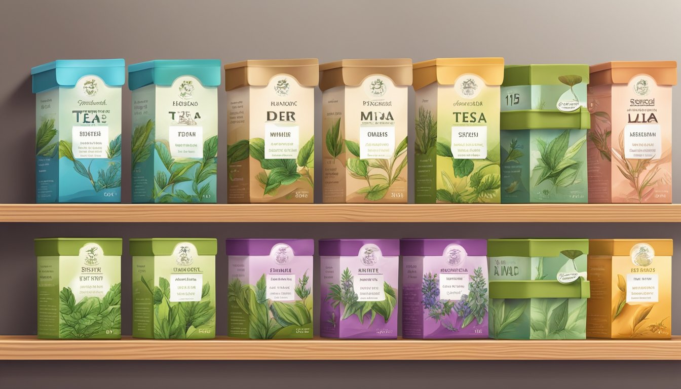 A collection of assorted herbal tea blends in colorful packaging, arranged on a wooden shelf with visible expiration and best before dates