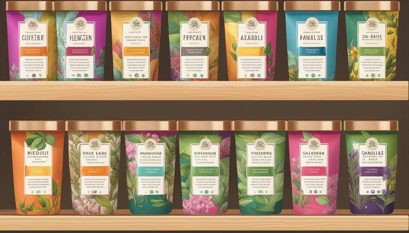 A shelf with various herbal tea blends in colorful packaging, some with expiration dates visible