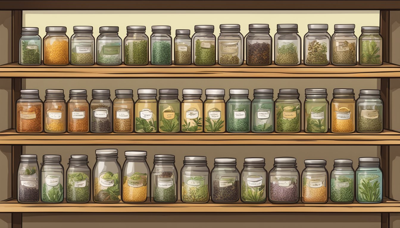 A shelf with various herbal tea jars, some open and half-empty, others sealed and neatly labeled with expiration dates