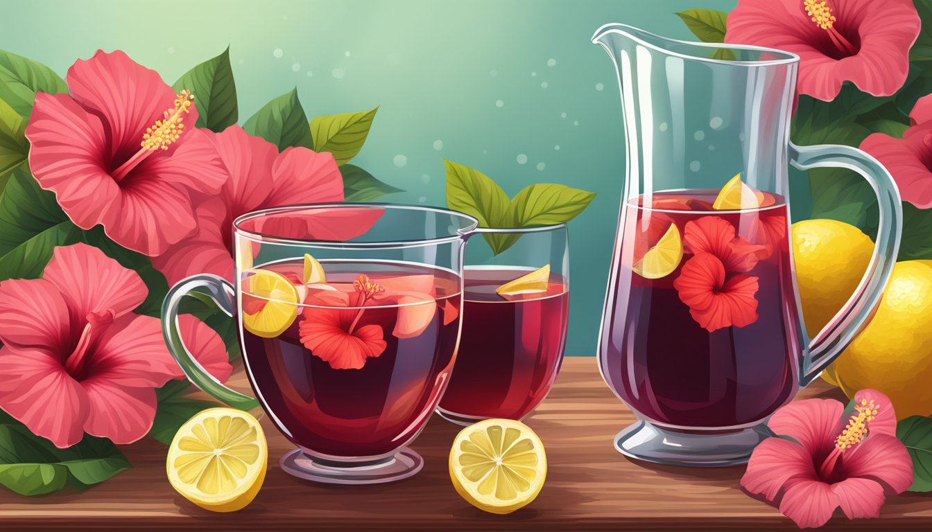 A glass pitcher of hibiscus tea sits on a wooden table, surrounded by vibrant red hibiscus flowers and fresh lemons