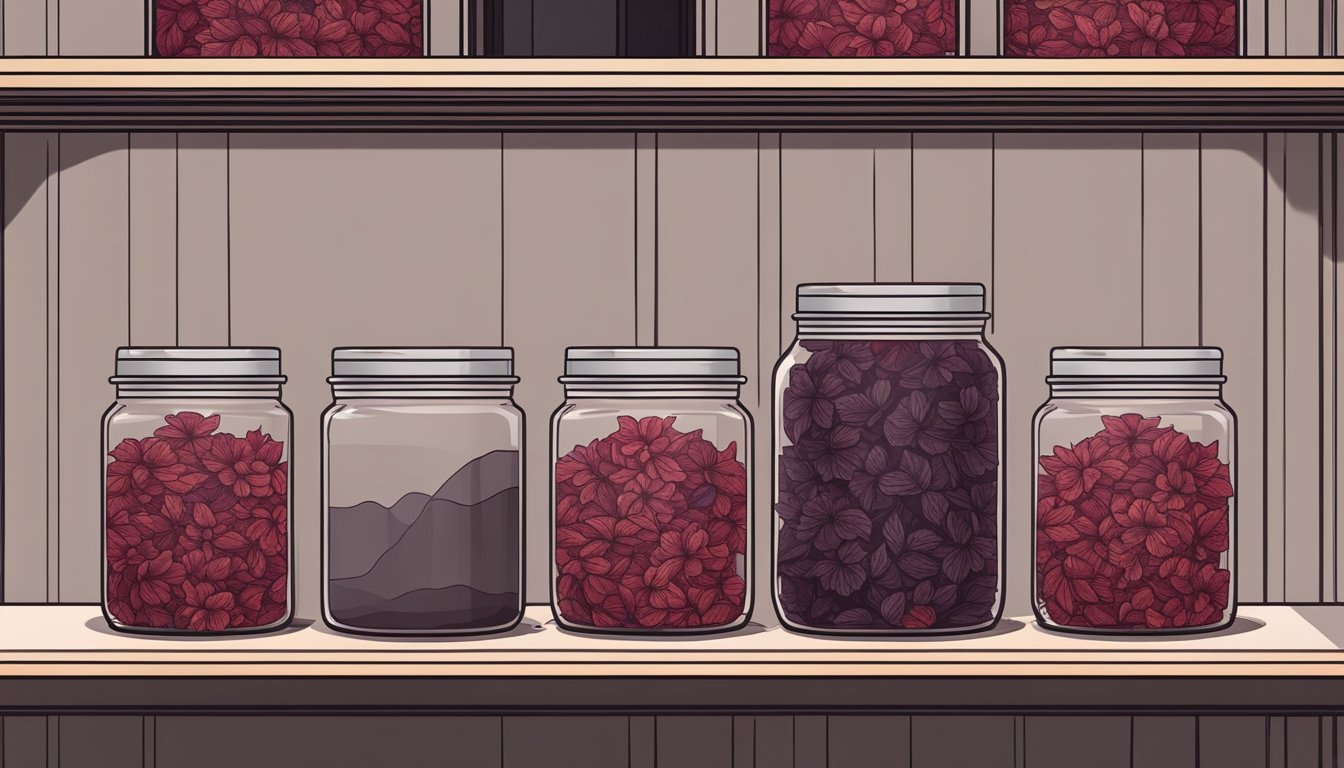 A glass jar filled with dried hibiscus tea leaves, sealed tightly, placed in a cool, dark pantry shelf