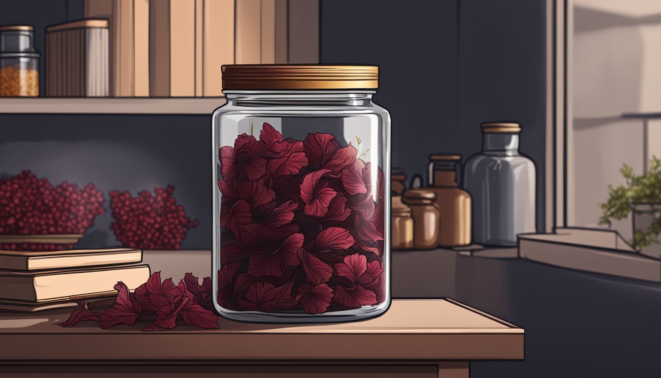 A glass jar filled with dried hibiscus flowers, sealed tightly with a lid, sitting on a shelf in a cool, dark pantry