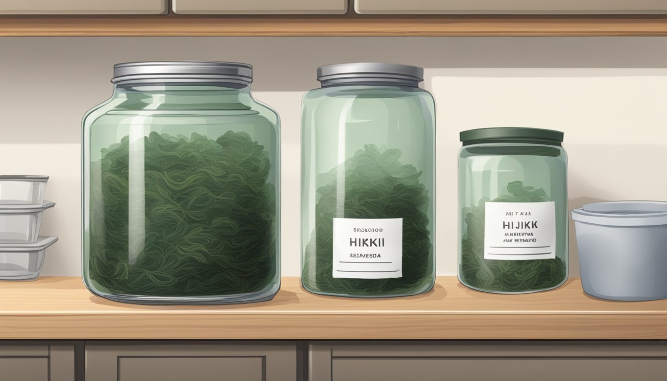 A glass jar of dried hijiki seaweed sitting on a kitchen shelf, with a label indicating the expiration date