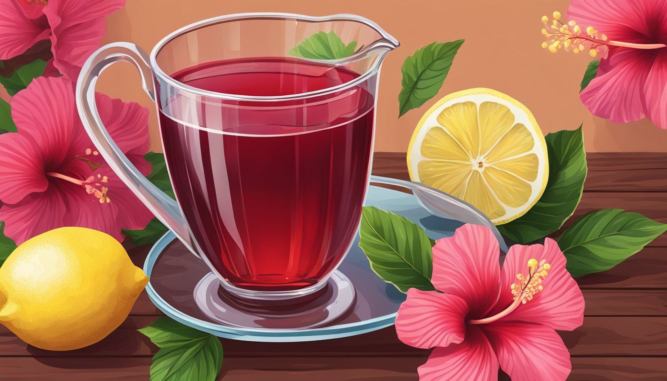 A glass pitcher of hibiscus tea sits on a wooden table, surrounded by vibrant red hibiscus flowers and fresh lemon slices