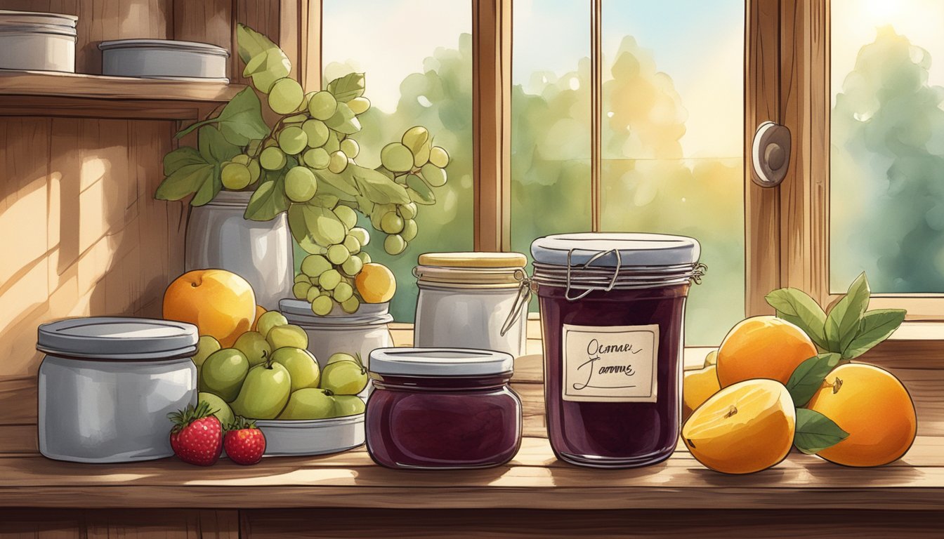 A jar of homemade jam sits on a rustic kitchen shelf, surrounded by fresh fruit and a handwritten label. The sunlight streams in through the window, casting a warm glow on the preserves