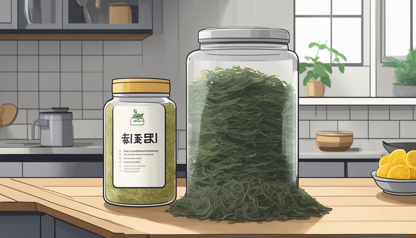 A pile of dried hijiki seaweed sits in a glass jar on a kitchen shelf, next to a label indicating its nutritional value