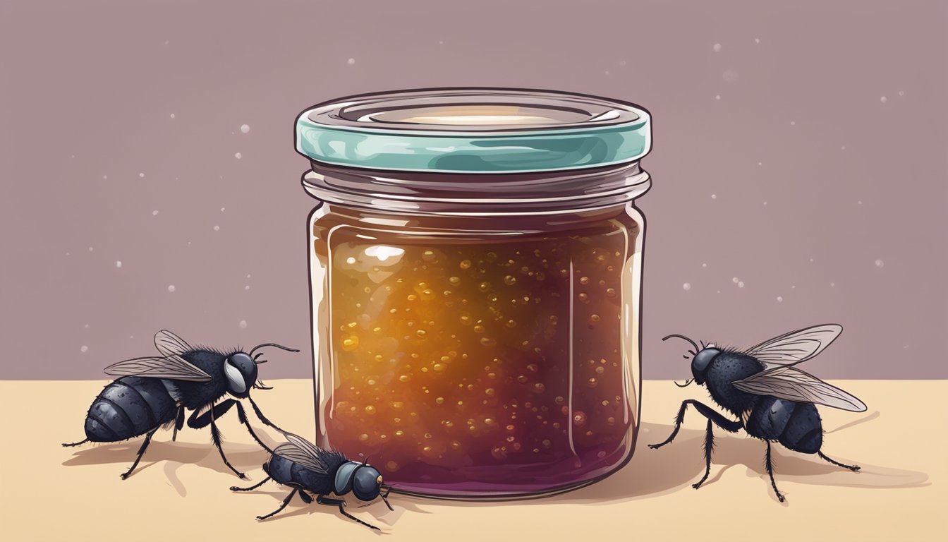 A jar of homemade jam with visible mold growing on the surface, surrounded by flies and a sour smell