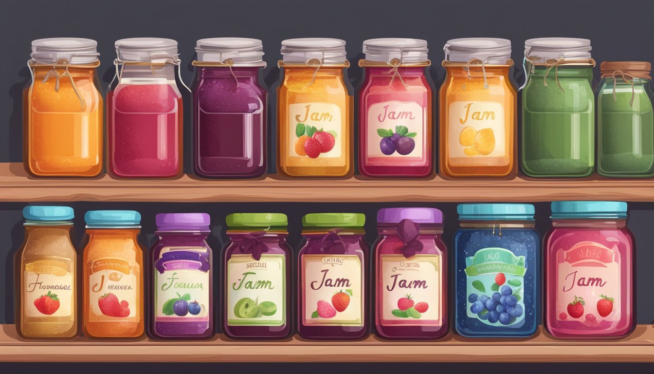 A jar of homemade jam sits on a shelf, surrounded by neatly labeled jars of various sizes and flavors. The room is filled with the sweet aroma of fruit and sugar