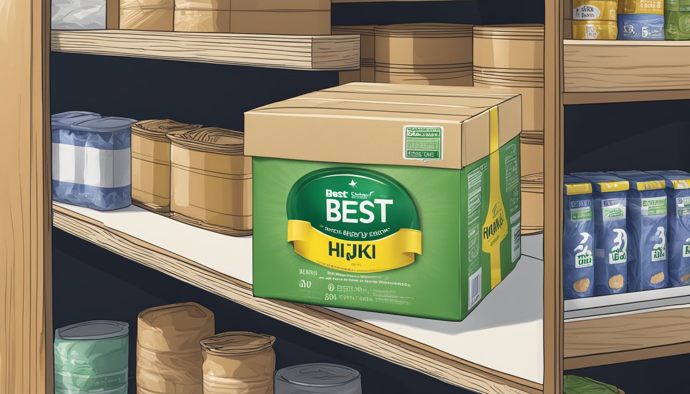 A sealed package of hijiki sits on a pantry shelf, with a "best by" date clearly printed on the label