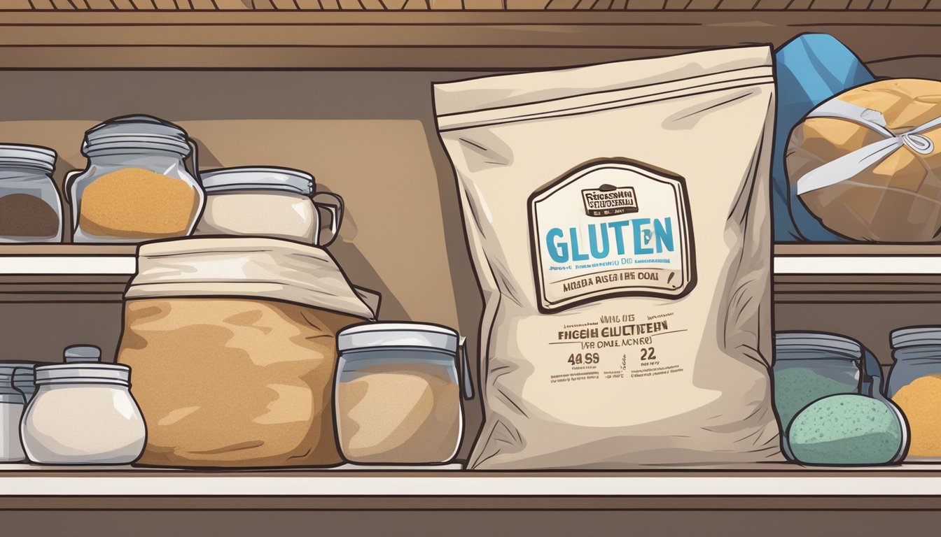 A sealed bag of high gluten flour sits on a pantry shelf, surrounded by other baking supplies. The expiration date is visible and the bag appears unopened