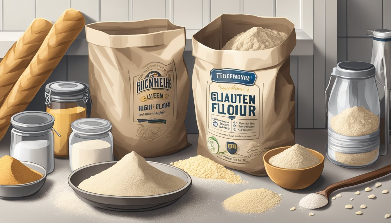 A bag of high gluten flour sits open on a kitchen counter, surrounded by various baking ingredients and utensils. The flour appears slightly discolored and clumpy, indicating spoilage