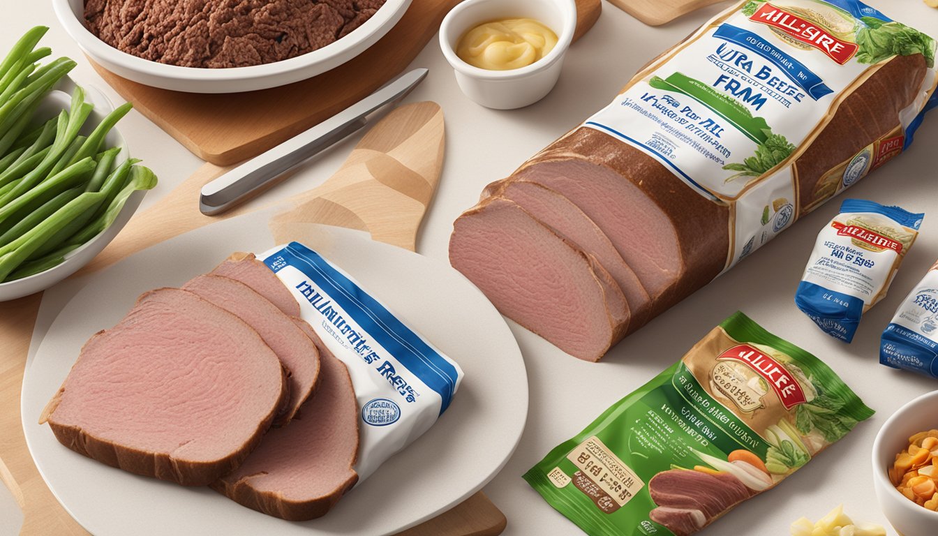 A package of Hillshire Farm Ultra Thin Sliced Roast Beef sits unopened on a kitchen counter, surrounded by other groceries