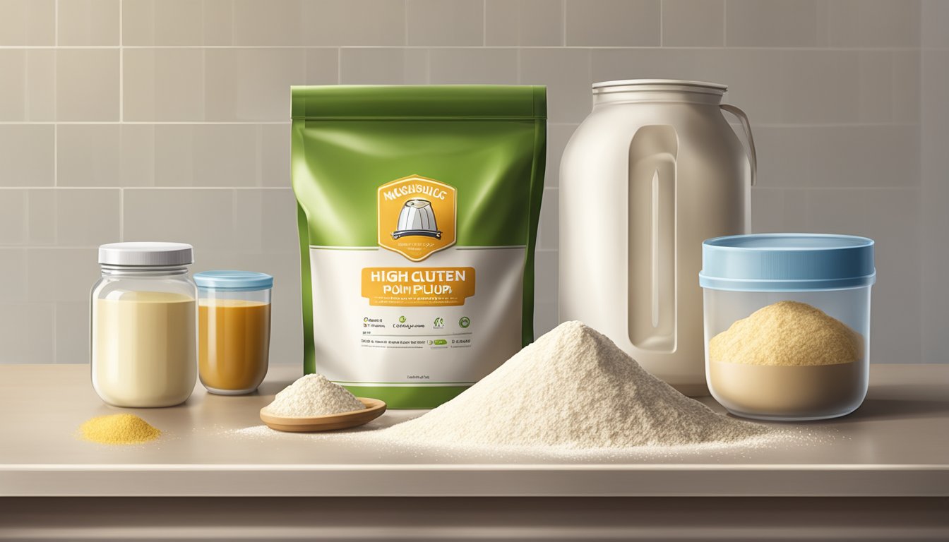 A bag of high-gluten flour sits on a clean, well-lit kitchen counter, next to a sealed container of yeast and a measuring cup