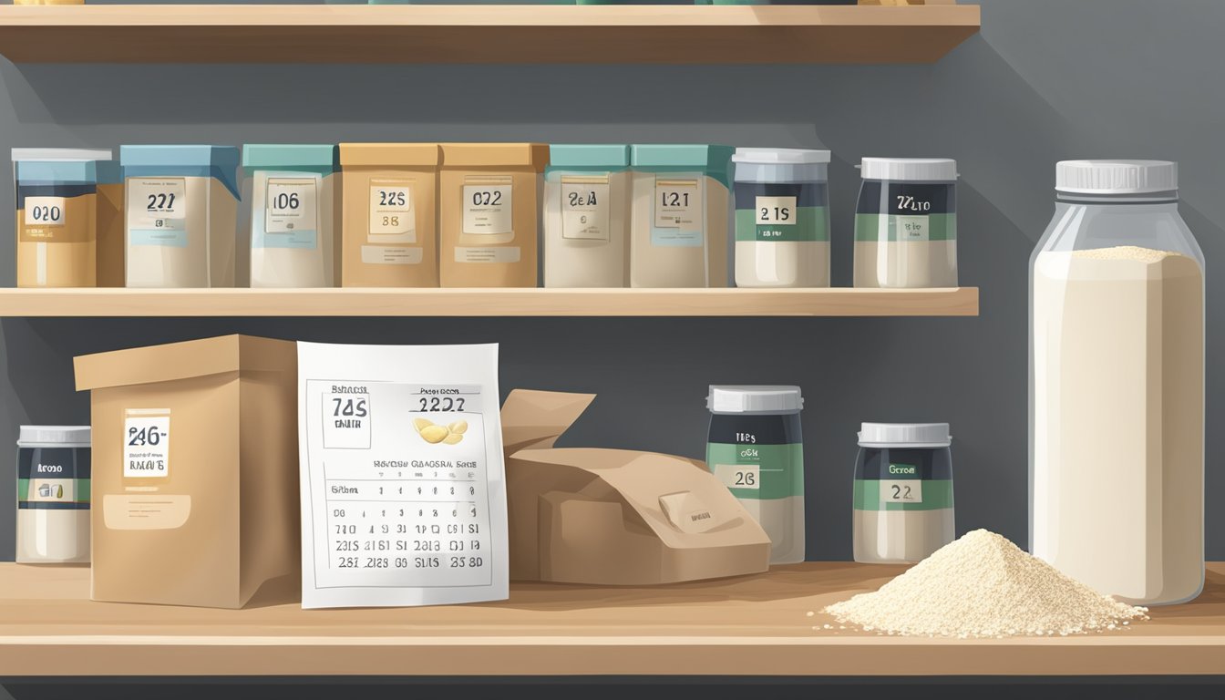 A bag of high gluten flour sits on a pantry shelf, next to a calendar showing the current date. A few empty bags of flour are in the recycling bin