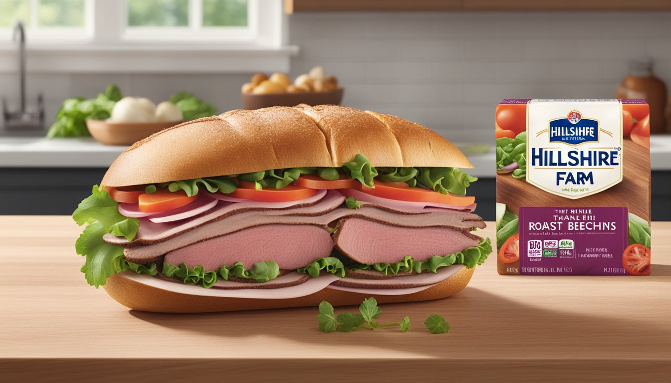 A package of Hillshire Farm Ultra Thin Sliced Roast Beef sits unopened on a clean, well-lit kitchen counter, surrounded by other fresh ingredients