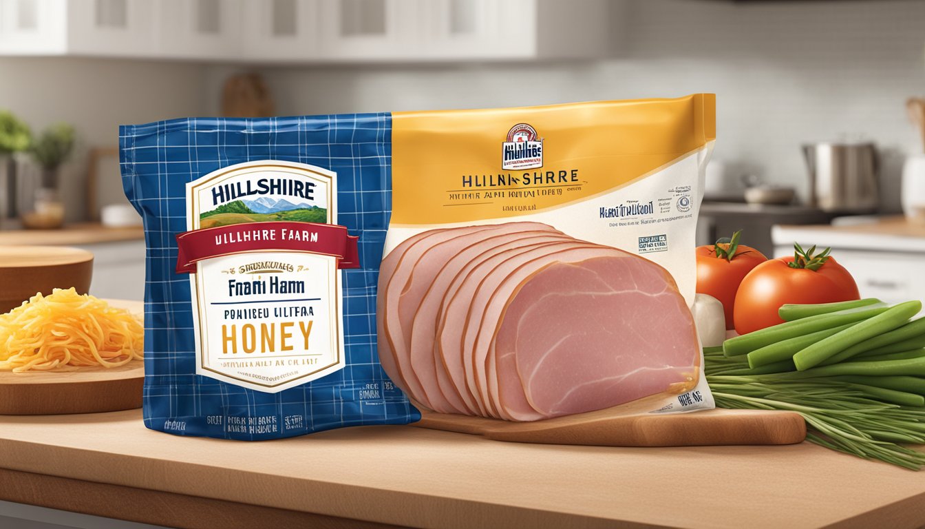 A package of Hillshire Farm Ultra Thin Sliced Honey Ham sits unopened on a kitchen counter, surrounded by fresh ingredients and a calendar