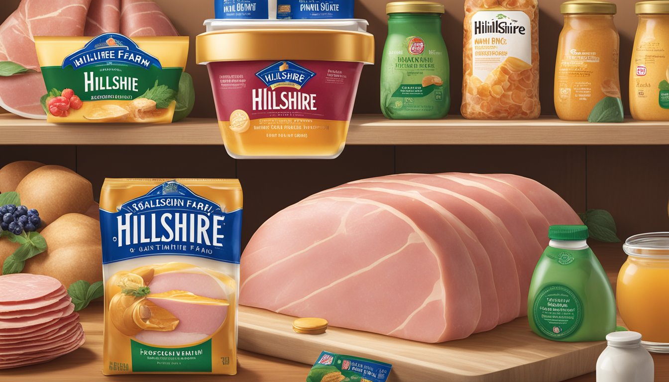 A package of Hillshire Farm Ultra Thin Sliced Honey Ham sits unopened on a kitchen shelf, surrounded by other food items and containers