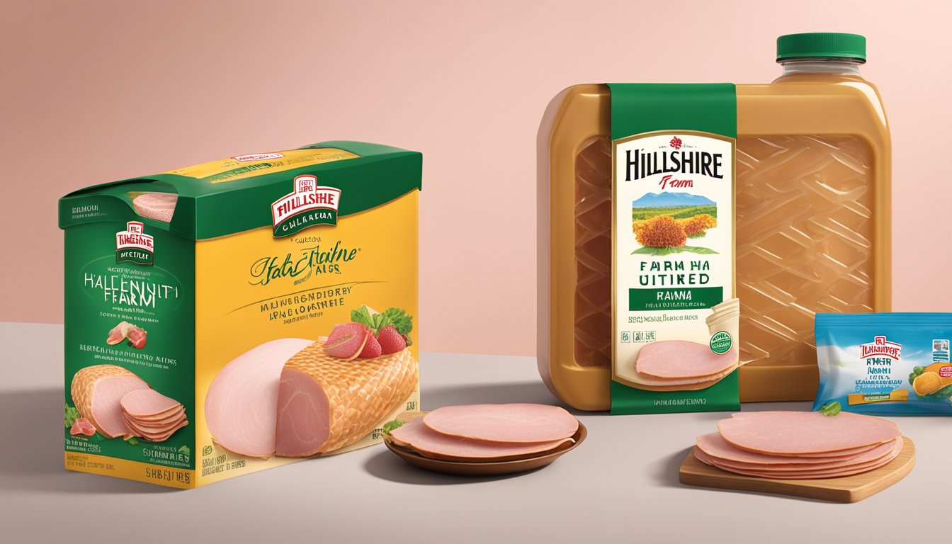 A package of Hillshire Farm Ultra Thin Sliced Honey Ham sits in a refrigerator next to other food items. The packaging is unopened and the expiration date is visible