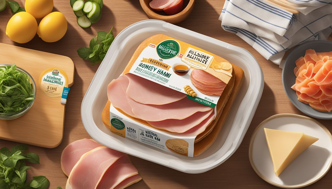 A package of Hillshire Farm Ultra Thin Sliced Honey Ham sits open on a kitchen counter, surrounded by fresh ingredients and a sandwich being made