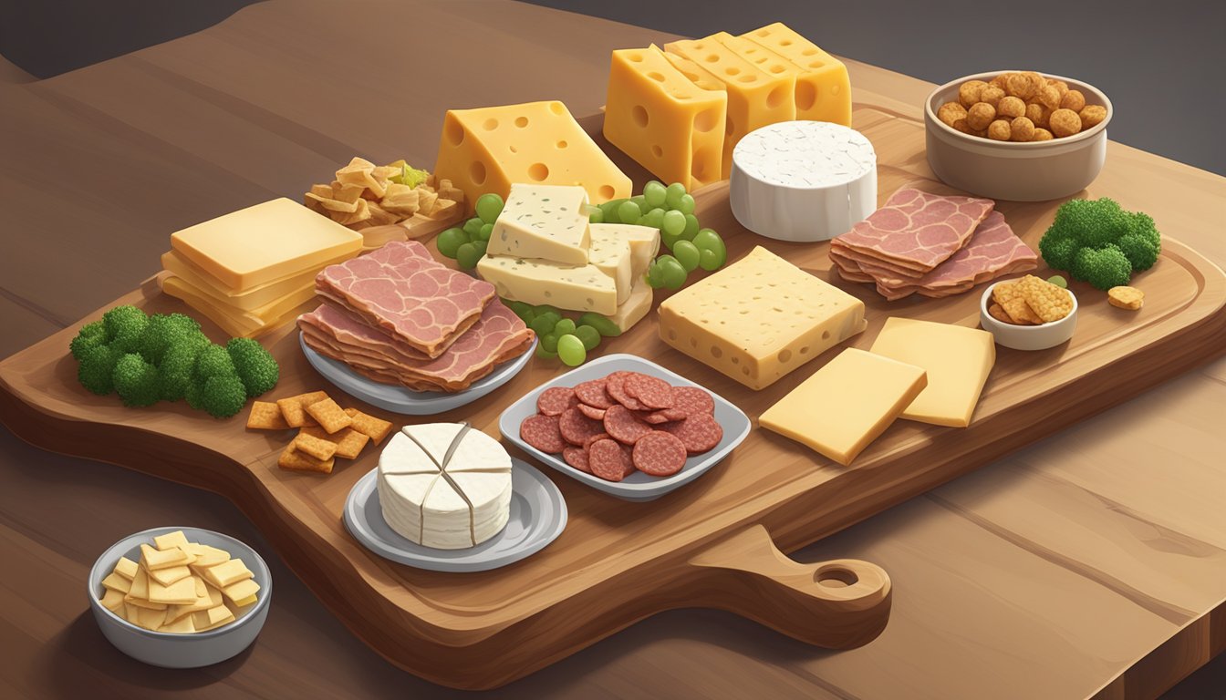 A table with a variety of Hillshire Snacking Small Plates, including crackers, cheese, and meat, arranged neatly on a wooden cutting board