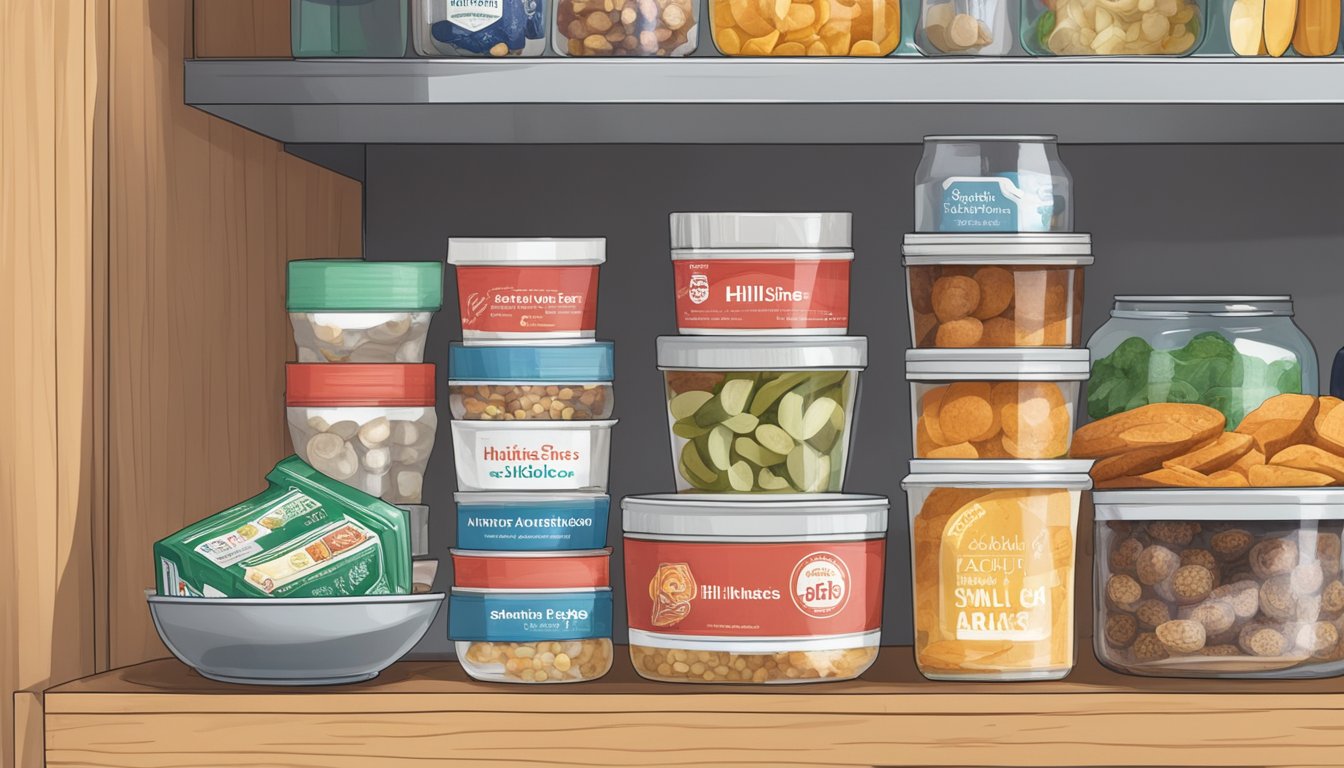 A Hillshire Snacking Small Plate sits on a shelf, surrounded by various preserved foods and expiration date labels