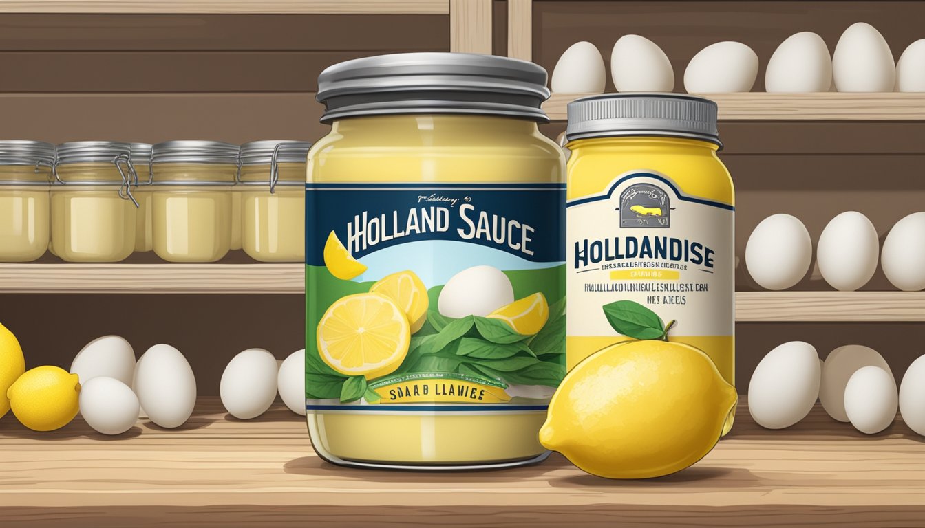 A jar of hollandaise sauce mix sits on a shelf, surrounded by fresh eggs and lemons. The label indicates a long shelf life