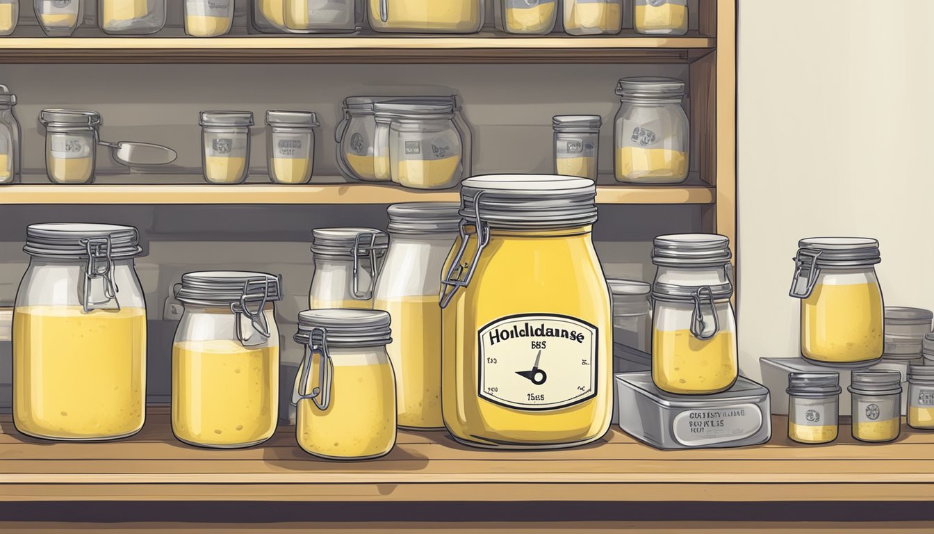 A jar of hollandaise sauce mix on a shelf with a "best by" date label and a thermometer measuring the temperature of the storage area