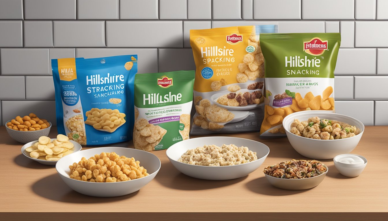 A Hillshire Snacking Small Plate sits unopened on a kitchen counter, surrounded by other snack options. The expiration date is visible on the packaging