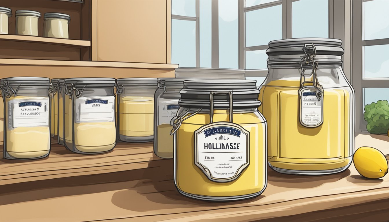 A jar of hollandaise sauce mix sits on a pantry shelf, sealed tightly. Nearby, a calendar marks the date it was opened