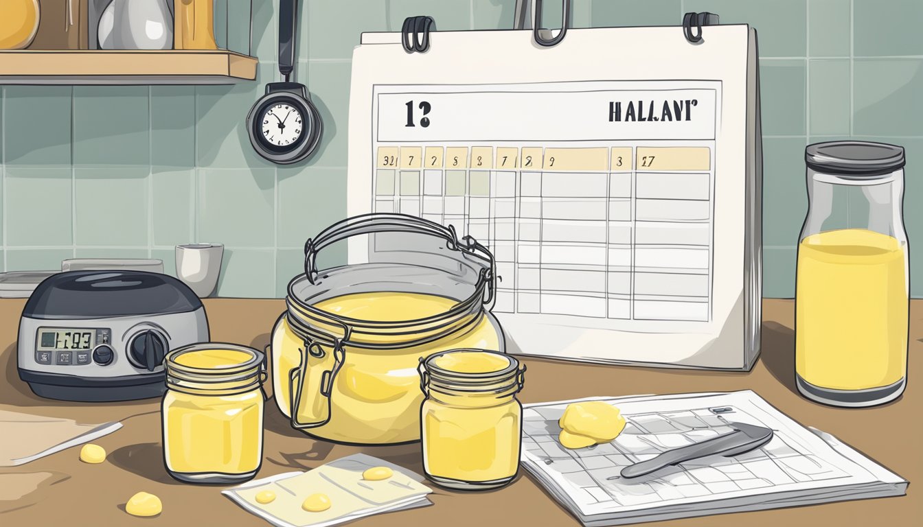 A jar of hollandaise sauce mix sits on a kitchen counter, surrounded by a calendar and a clock, with a question mark hovering above it