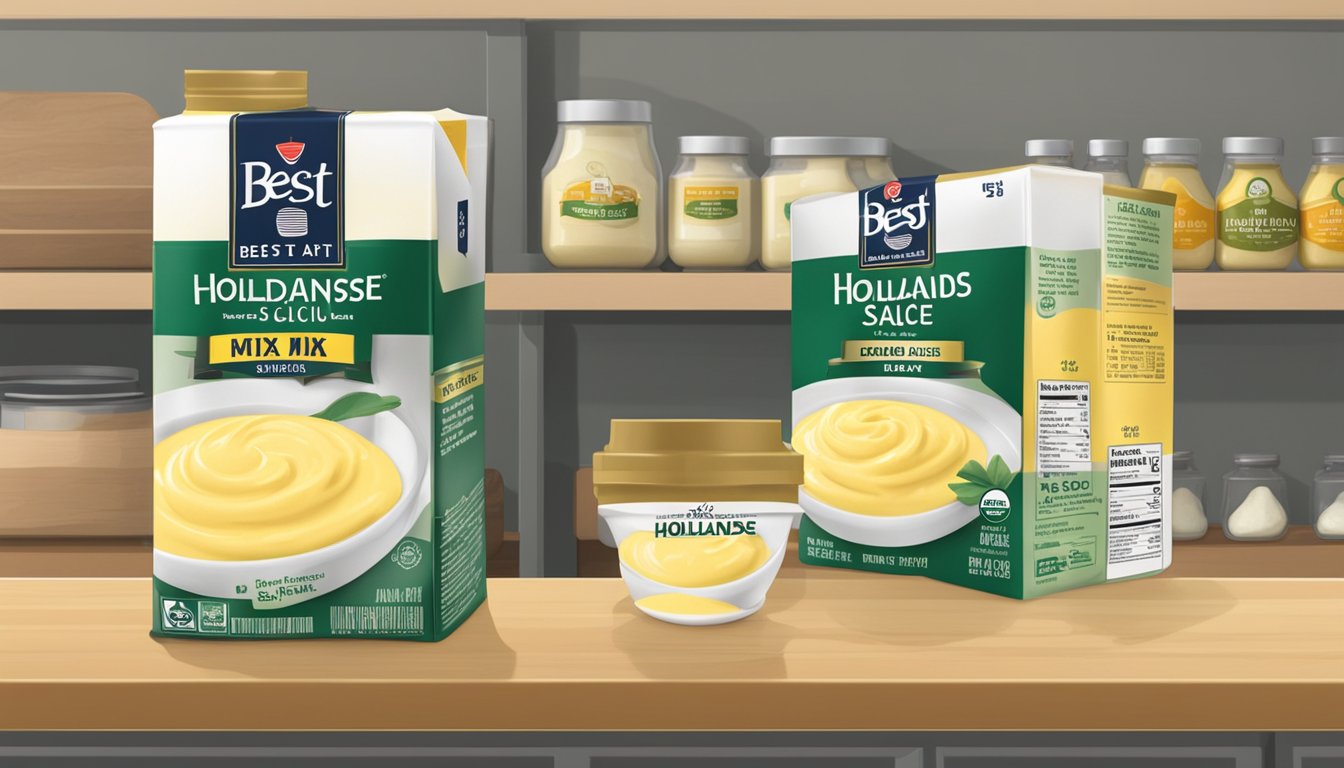 A sealed packet of hollandaise sauce mix sits on a pantry shelf, with a "best by" date printed on the packaging