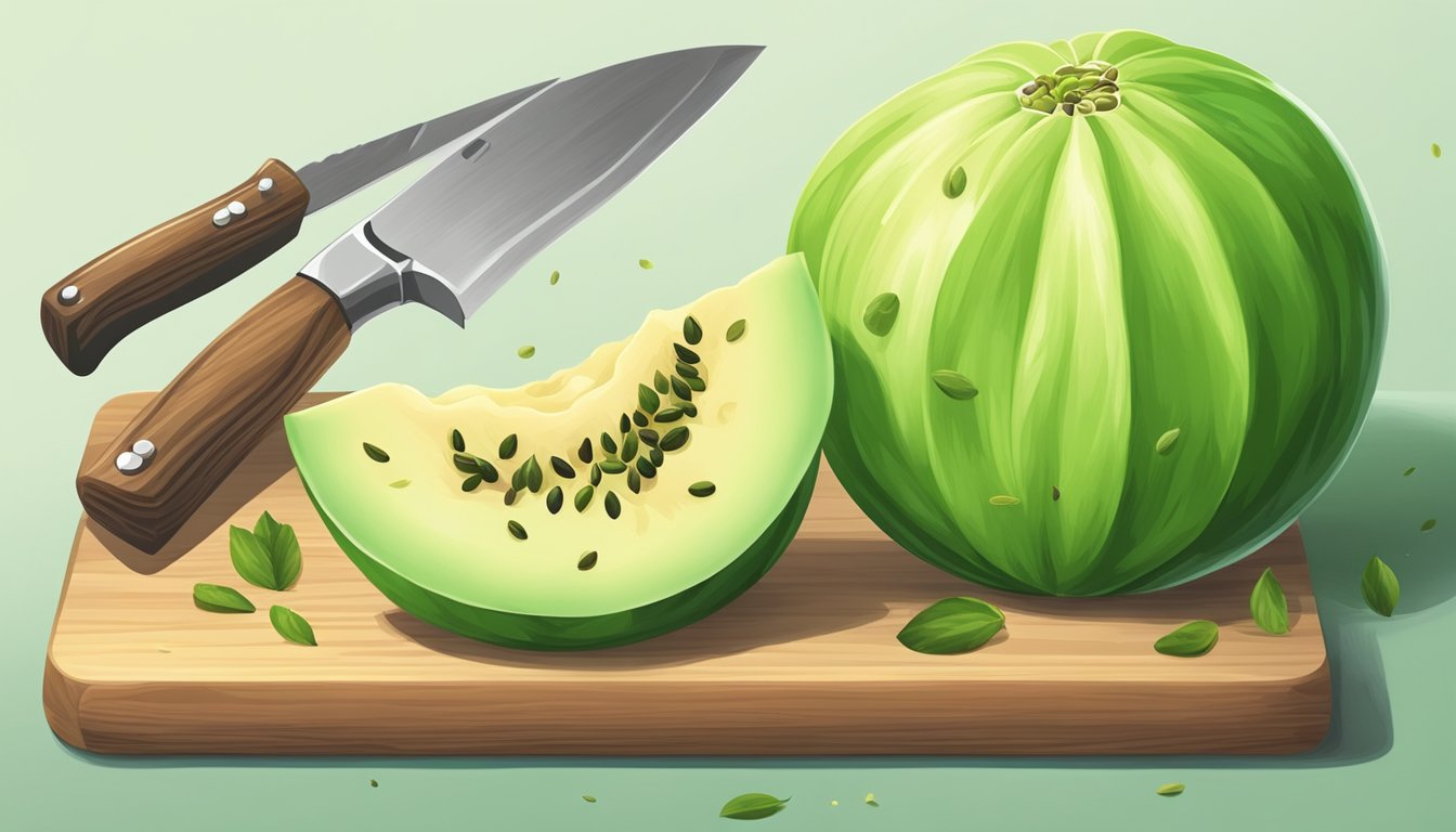 A ripe honeydew melon sits on a wooden cutting board, surrounded by a scattering of seeds and a knife slicing through its green flesh