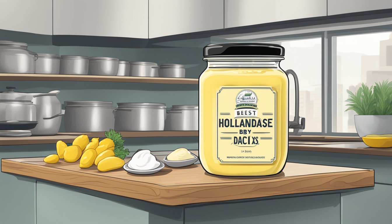 A jar of hollandaise sauce mix on a kitchen shelf, with a "best by" date clearly visible