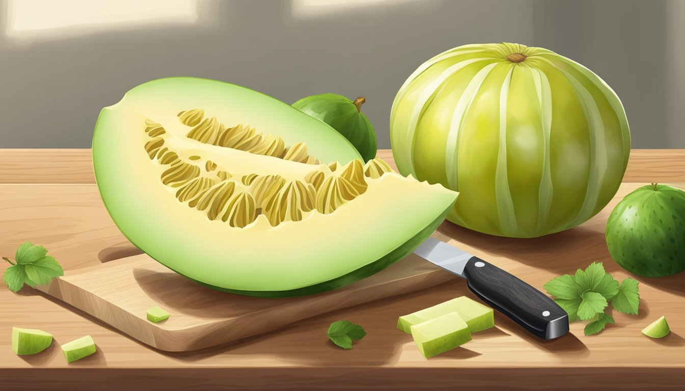 A ripe honeydew melon sits on a wooden cutting board next to a knife and a bowl of freshly cut pieces