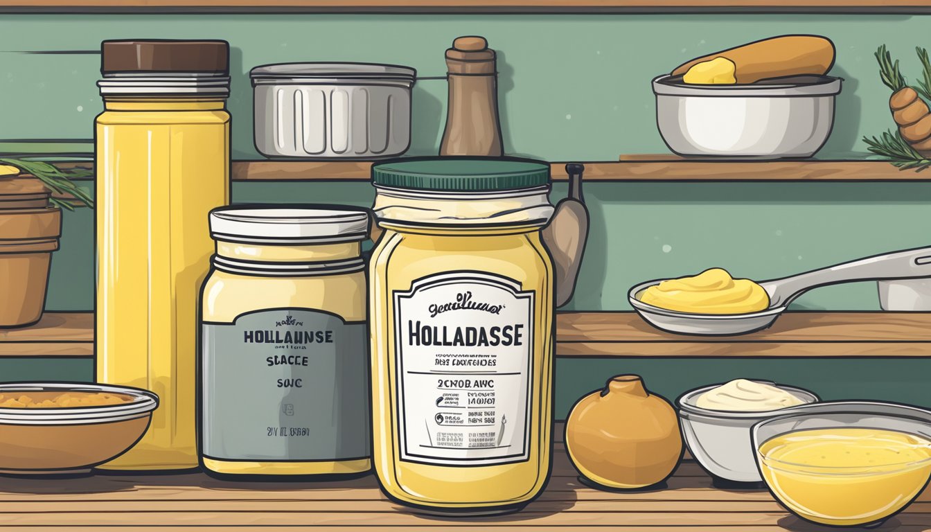 A jar of hollandaise sauce mix sits on a shelf, surrounded by other cooking ingredients. The label shows the expiration date, and a measuring spoon rests next to the jar