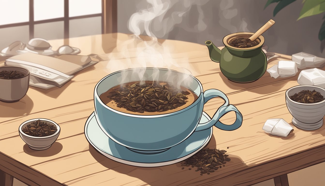 A steaming cup of hojicha sits on a wooden table, surrounded by loose tea leaves and a timer counting down