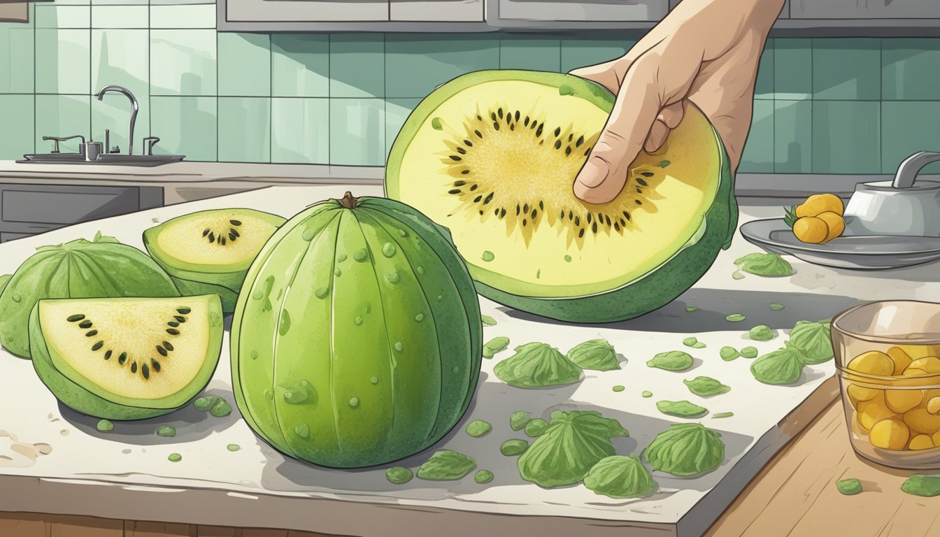 A ripe honeydew melon sits on a kitchen counter, surrounded by small patches of mold. A hand reaches for it, ready to discard the spoiled fruit